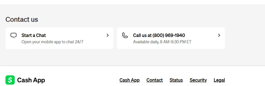 Cash App Support contact area showing Start a Chat and Call us at 800-969-1940.