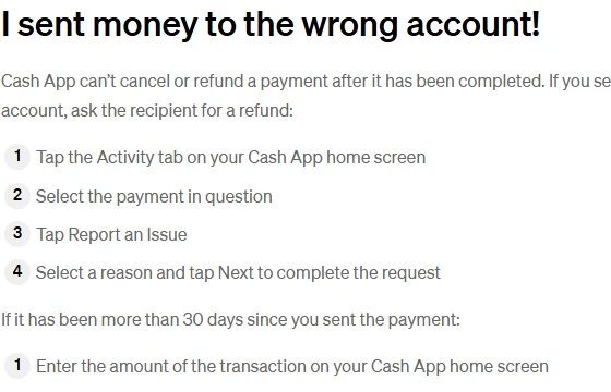 Cash App Support page titled I sent money to the wrong account showing report-an-issue steps.