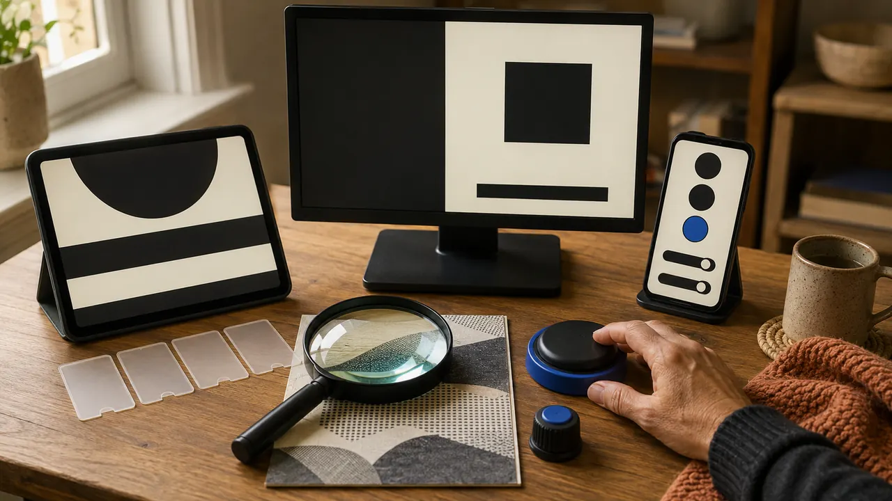 A tablet, phone, keyboard, magnifier, and tactile controls arranged for accessibility testing