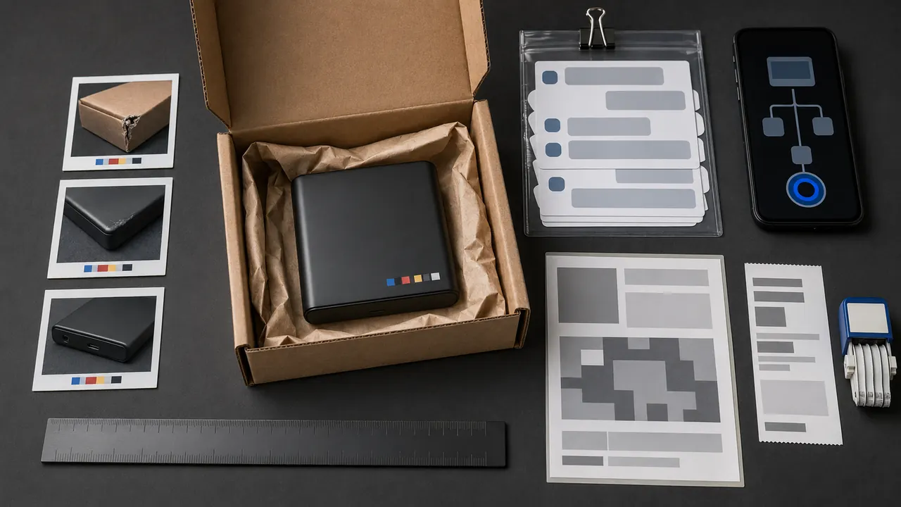 A shipping box, order record, return label and evidence photos