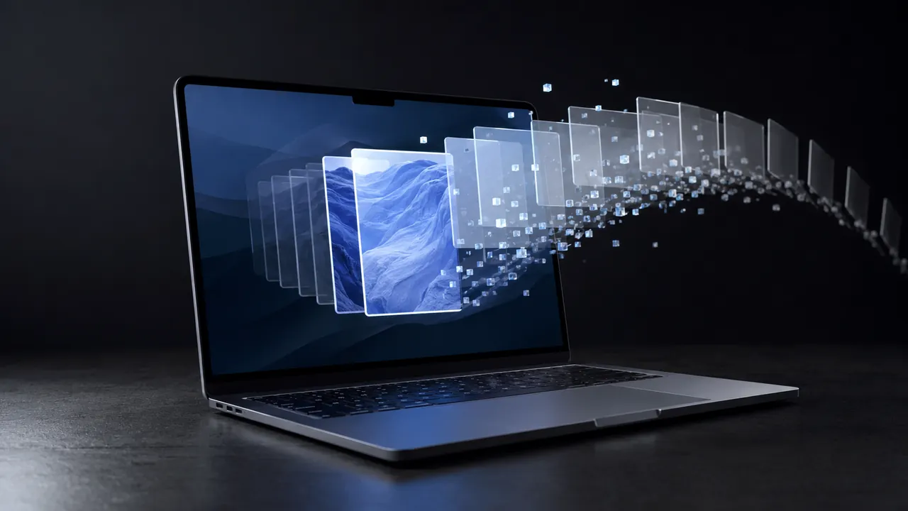 A laptop with many dimmed background browser tabs and one active tab in focus.