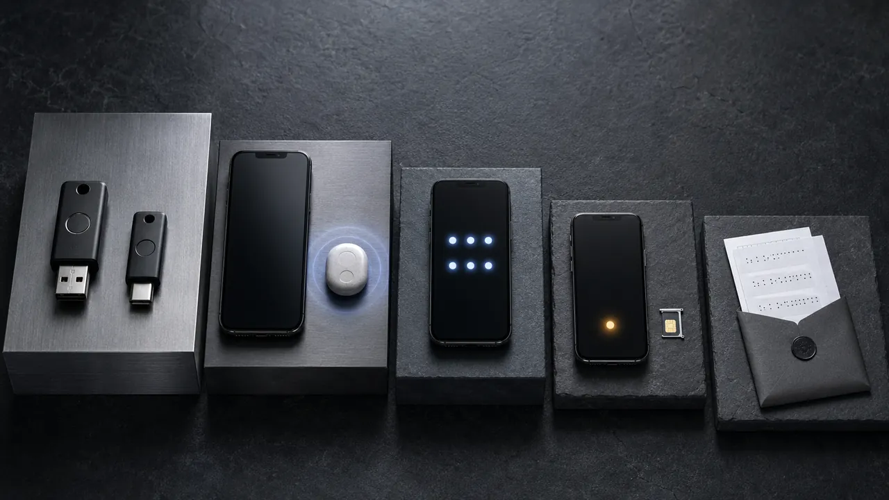 A phone, security keys, authenticator devices, and recovery codes arranged for comparison