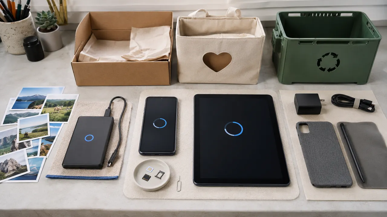 Phones, a tablet, storage boxes, and packing materials ready for reuse or recycling