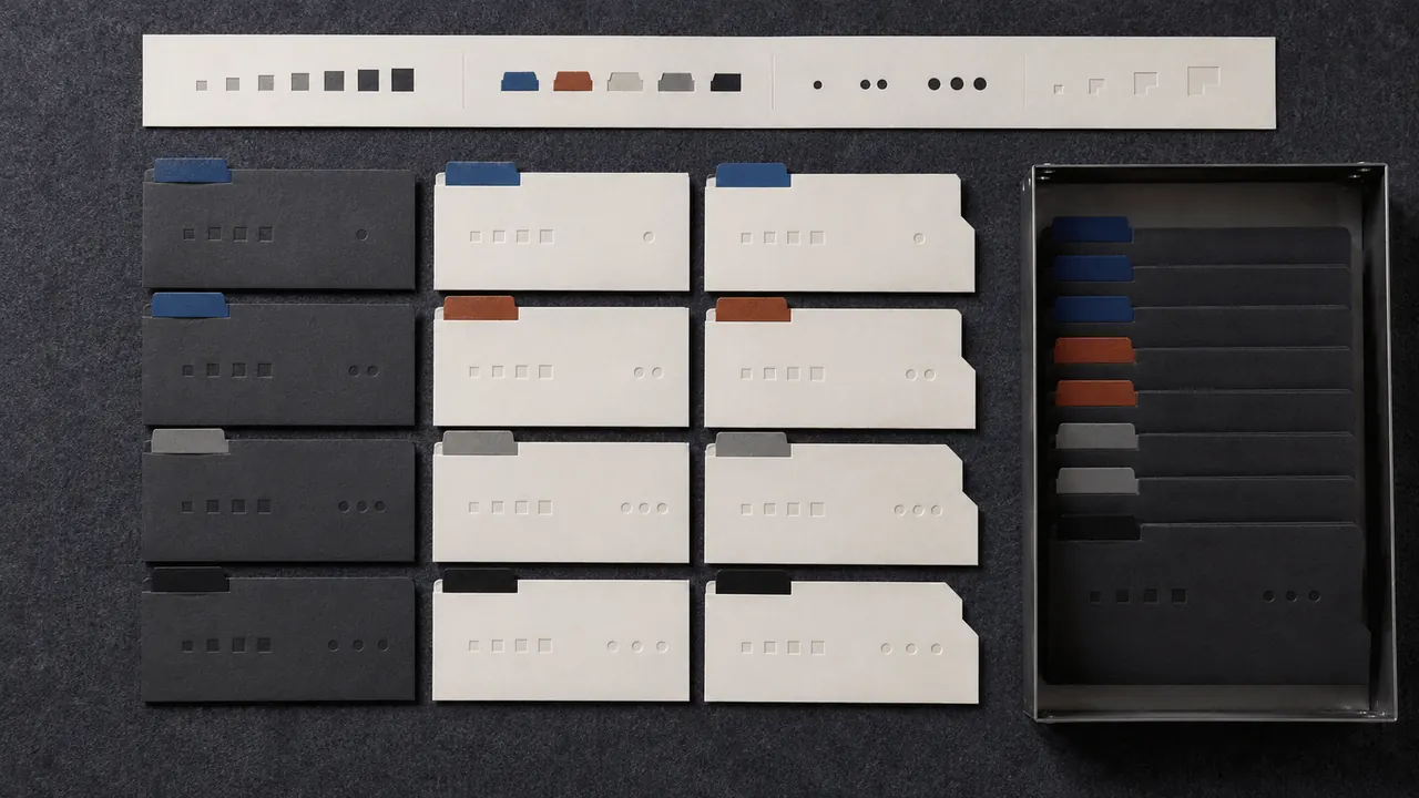 Labeled file cards arranged by date and status beside a desktop file organizer