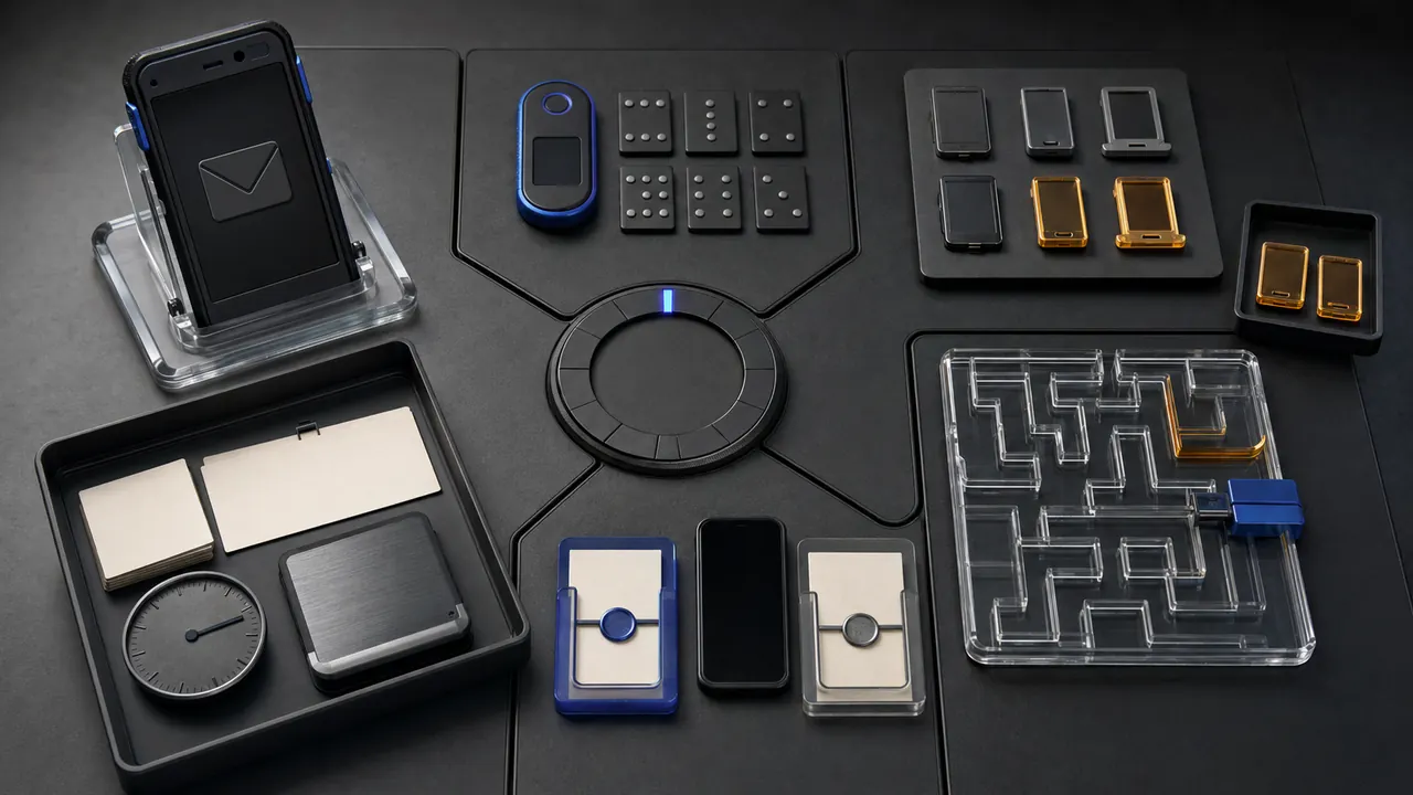 A phone and security devices laid out across account-recovery checkpoints