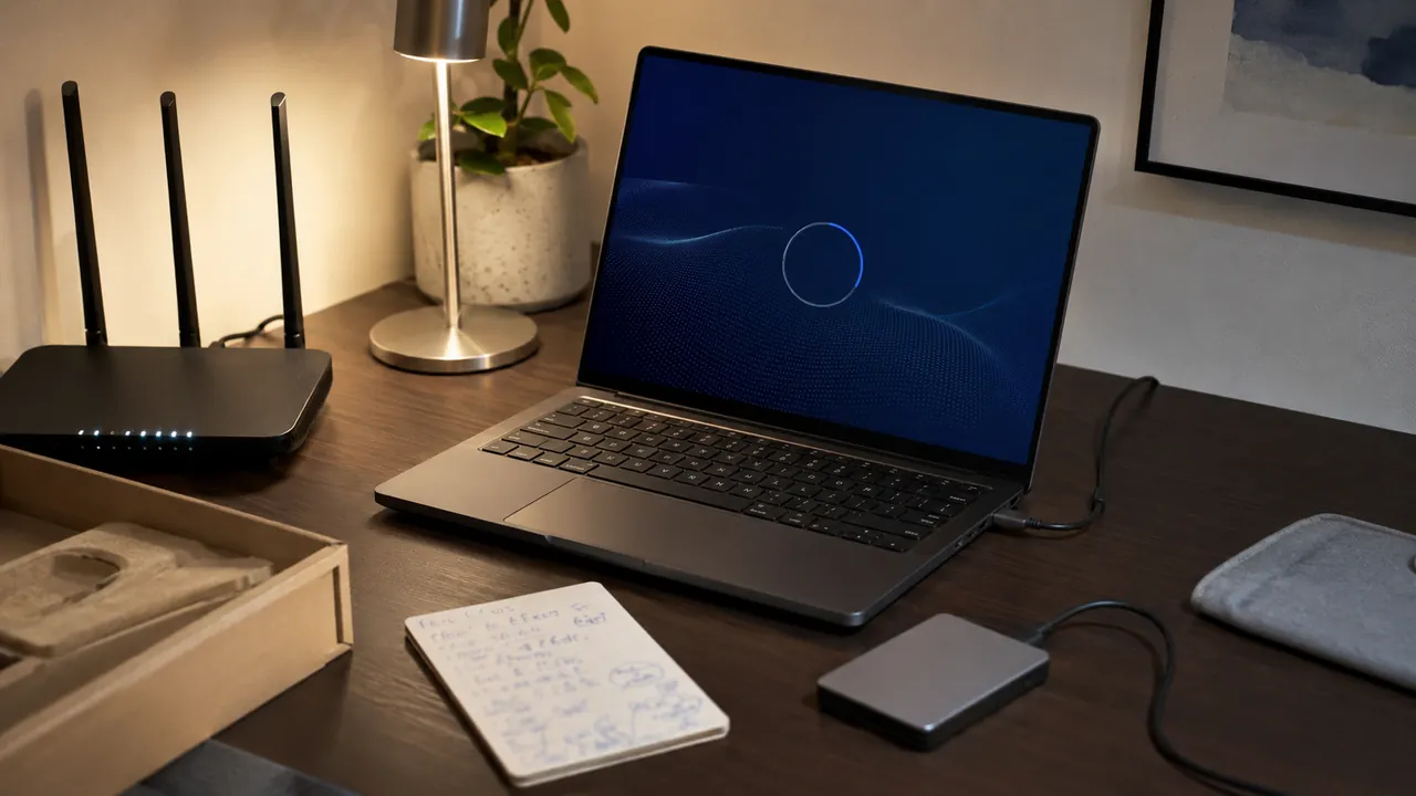 A new laptop on a desk beside a router, recovery notes, an external drive, and setup cables