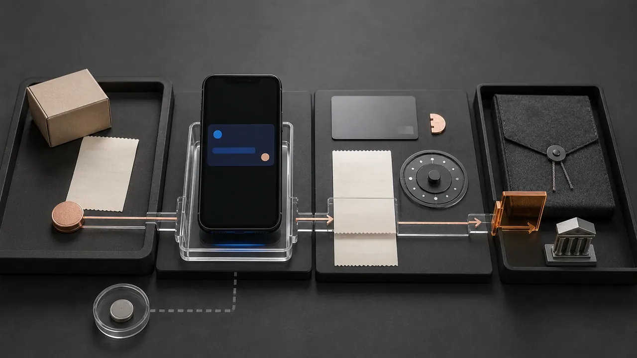 A phone wallet record beside a receipt, funding card, merchant, and dispute path