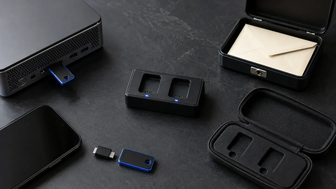 Several hardware security keys beside a laptop, phone, and protective case