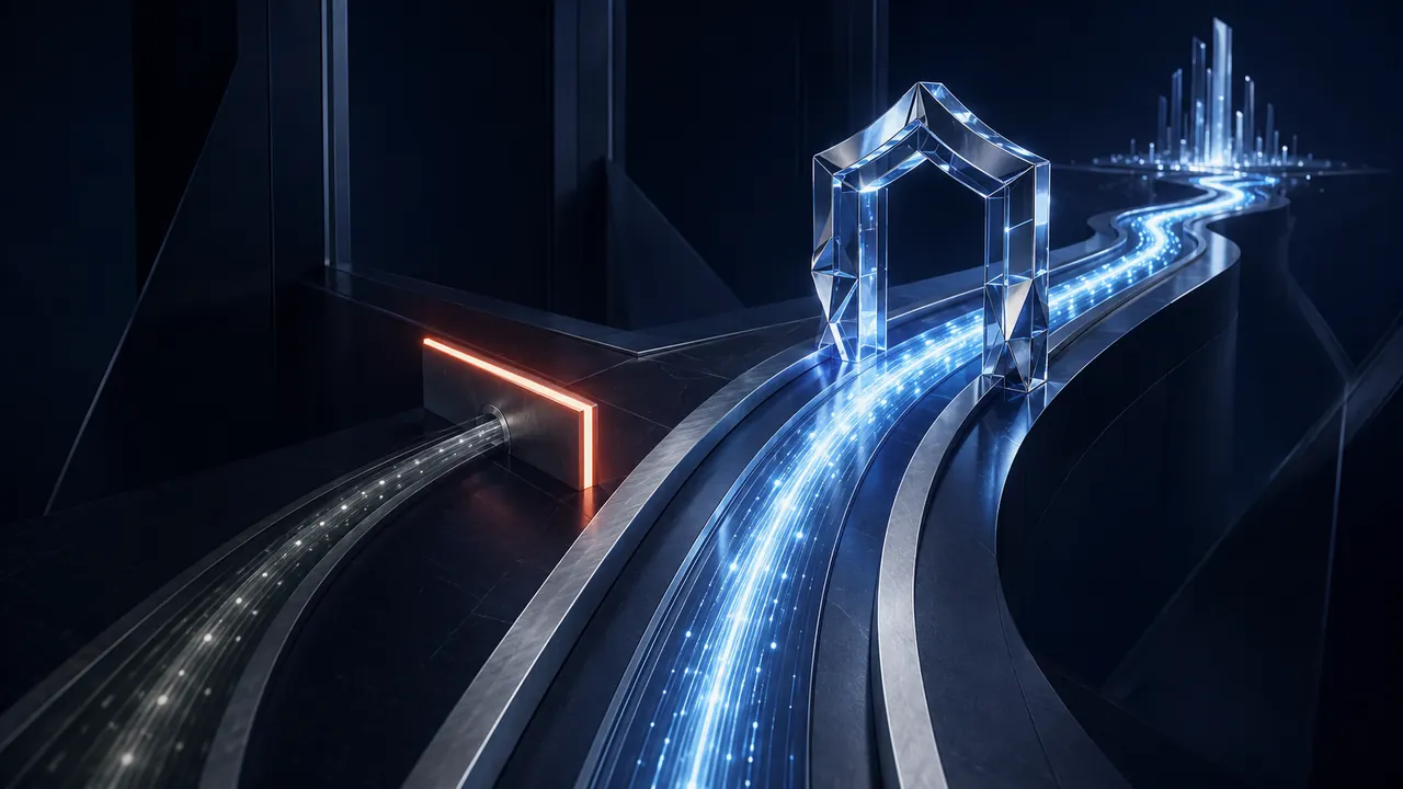 A browser connection follows an encrypted route while an insecure route is stopped.