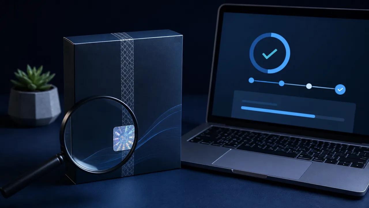 A laptop, magnifying glass and sealed software package representing a verified download