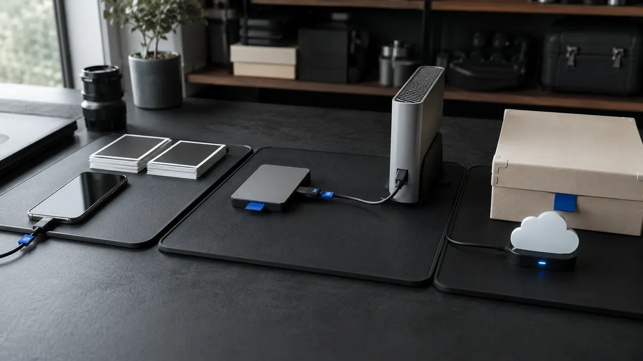 A phone, tablet, laptop, portable drive, and cloud-shaped light connected across a desk