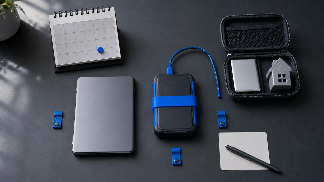 Two portable drives, a USB drive, a notebook, and a calendar arranged as a simple backup routine
