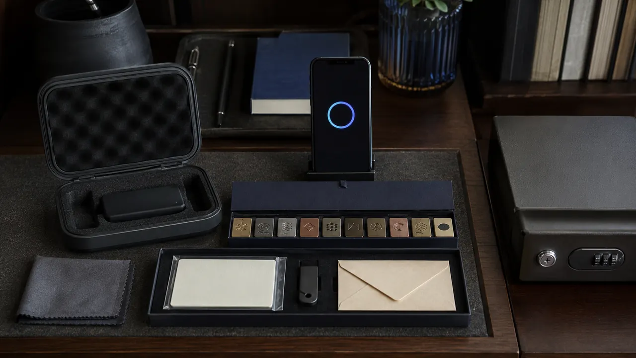 A phone beside organized account cards, recovery notes, and a portable security device