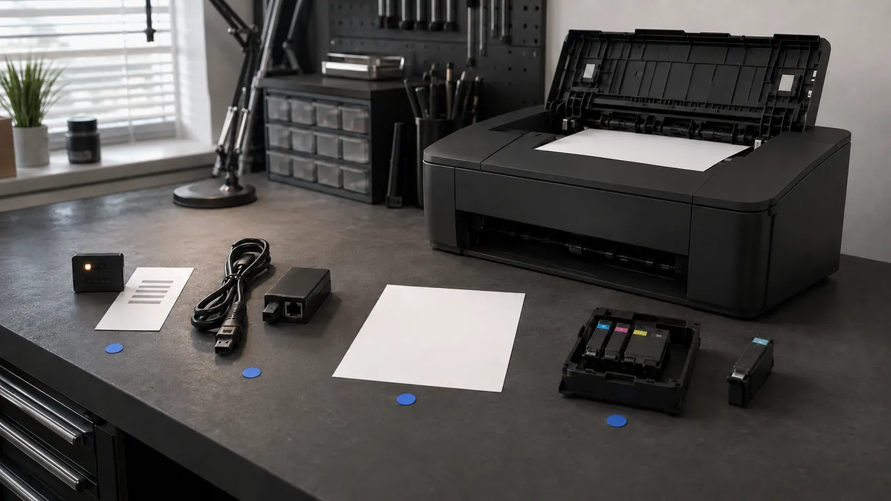 A desktop printer beside paper, ink, a cable, and a printed status sheet