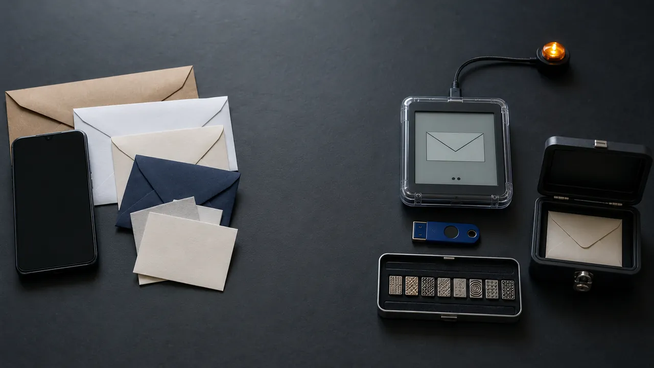 Separate mailbox containers, envelopes, and account devices arranged as independent recovery paths