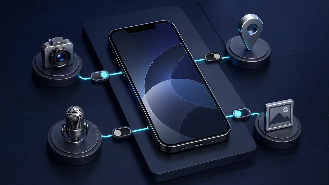 A phone surrounded by restrained camera, microphone, location and photo permission symbols