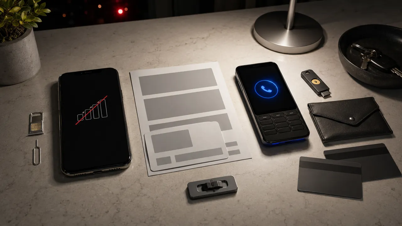 Two phones, a SIM card, account papers, and a warning indicator on a desk