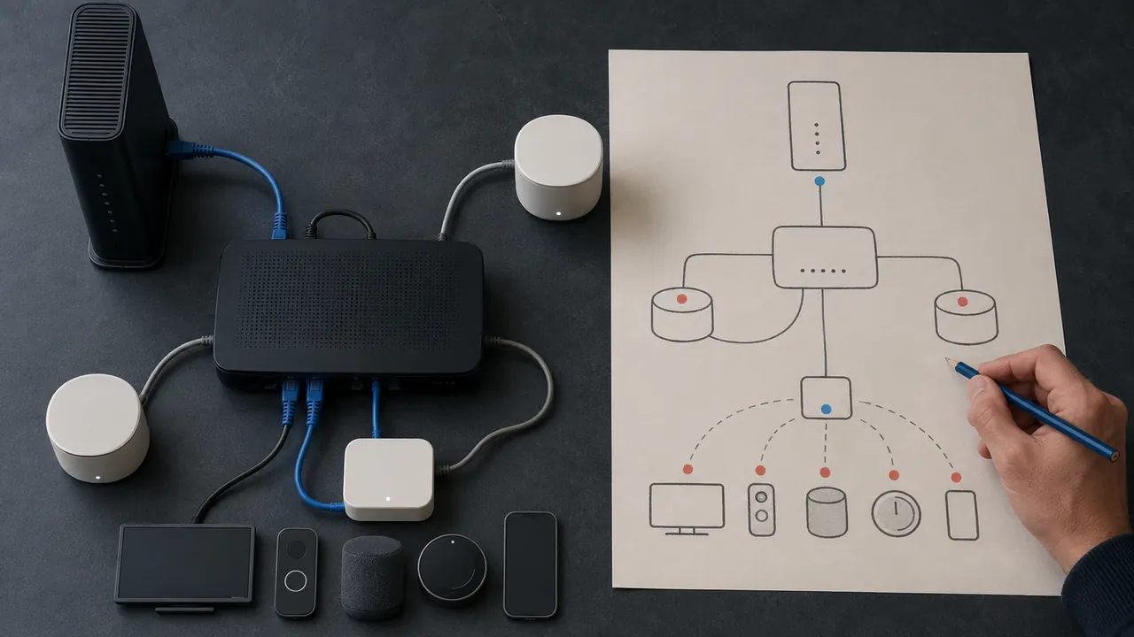 A hand draws connections between a router, modem, access point, and household devices
