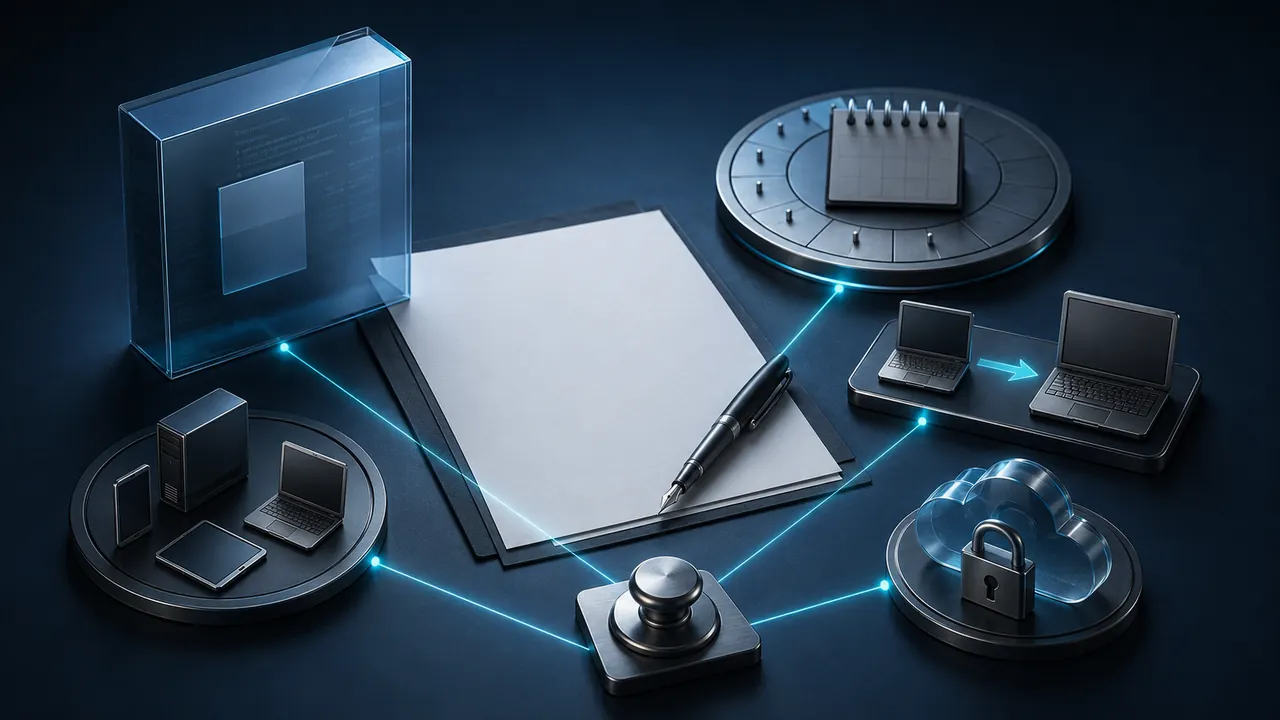 A software package, license sheet, device markers and renewal calendar