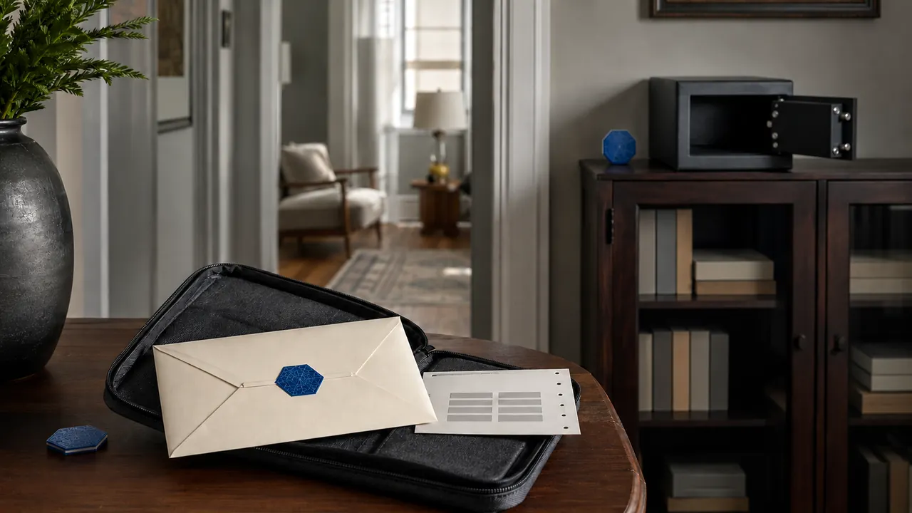 An envelope and printed recovery cards stored separately beside a locked container