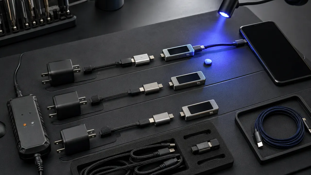 A carefully arranged real-world scene representing test a cable, charger, or adapter before replacing the device.