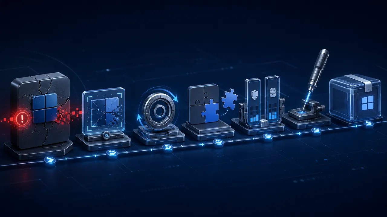A diagnostic path leading from an app error through checks to reinstallation