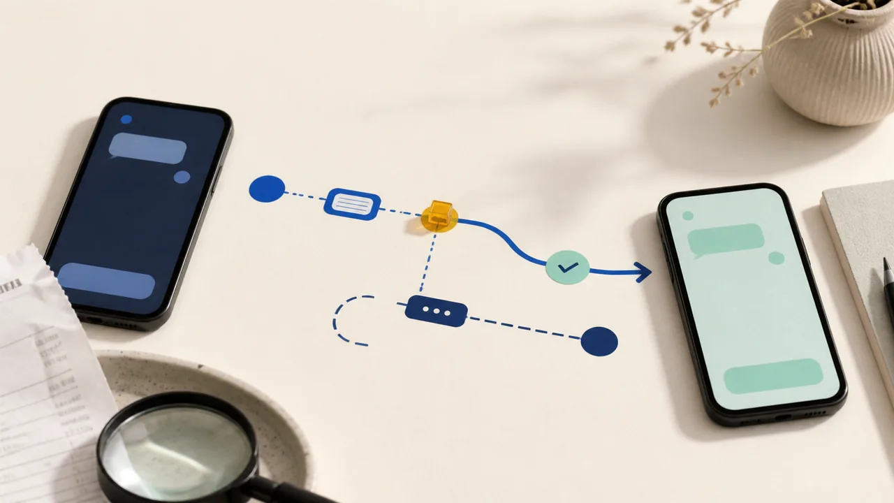 Two phones connected by a payment path with a pause point and a verified destination.