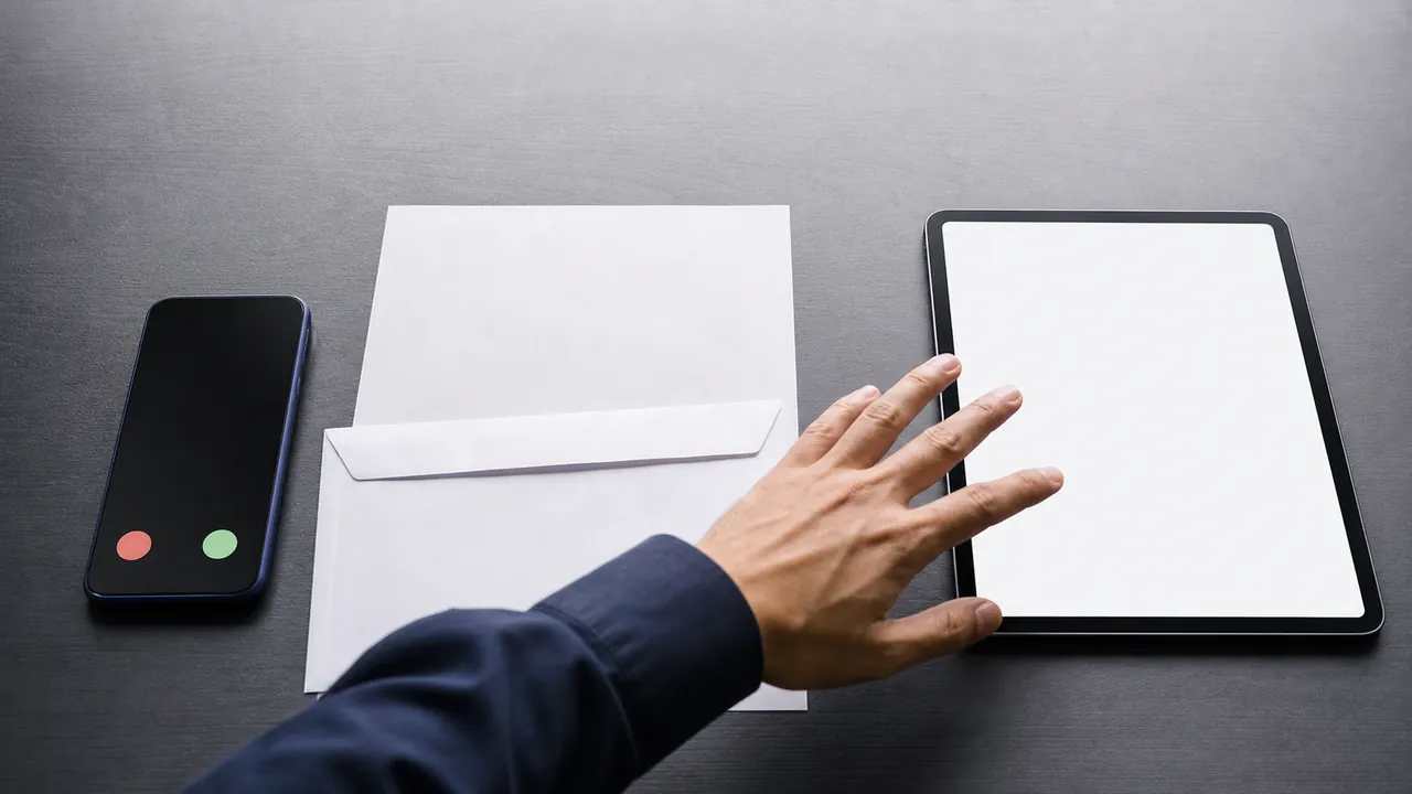 A person moves away from a suspicious phone call toward a blank trusted tablet beside a paper statement and envelope