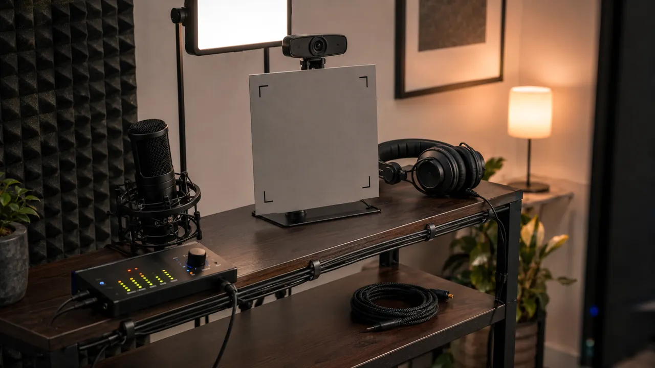 A webcam, microphone, headphones, light, and audio controls set up for a video call