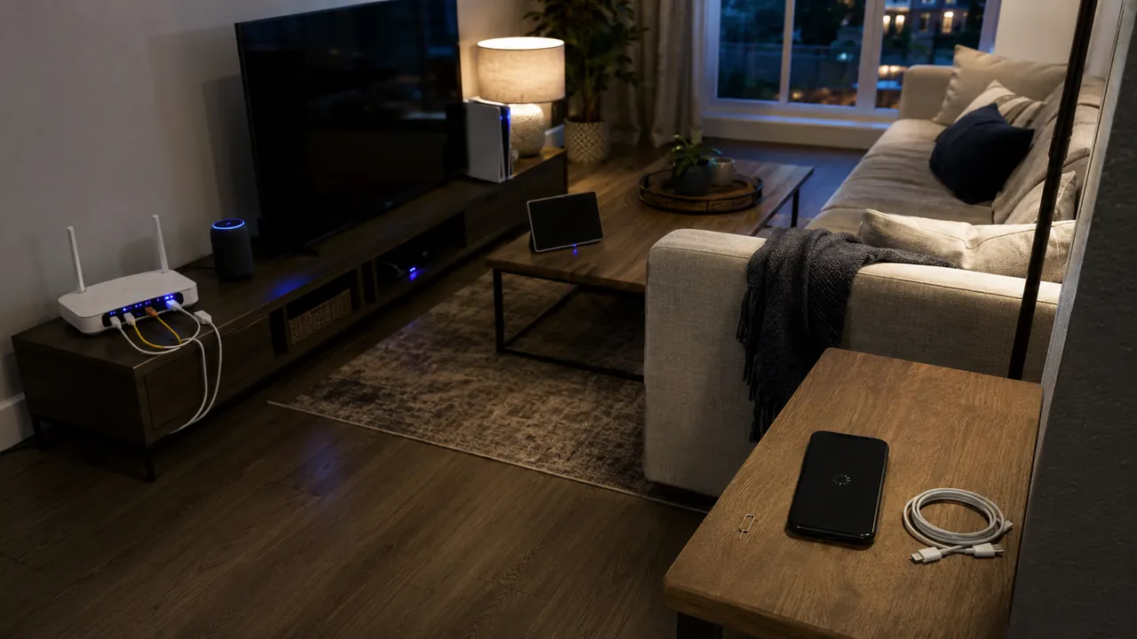 A phone and coiled network cable on a table between a router and another connected device
