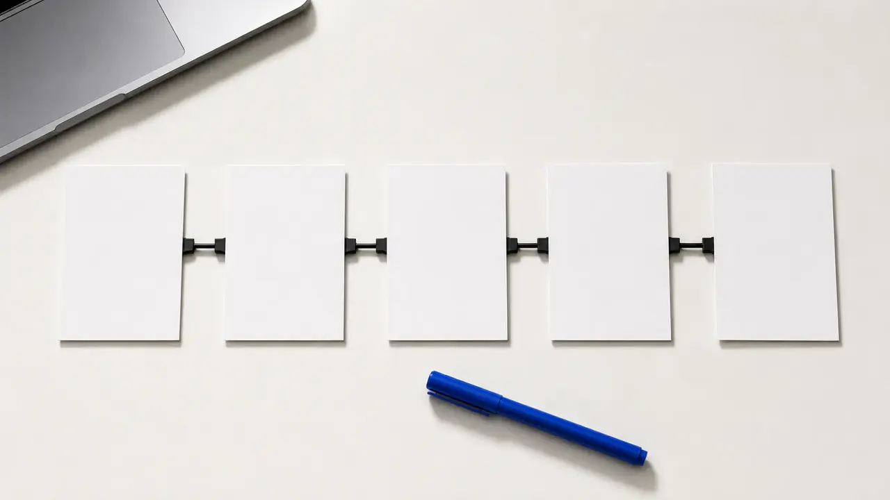 An overhead editorial desk with connected task cards, a cobalt marker and the edge of a laptop