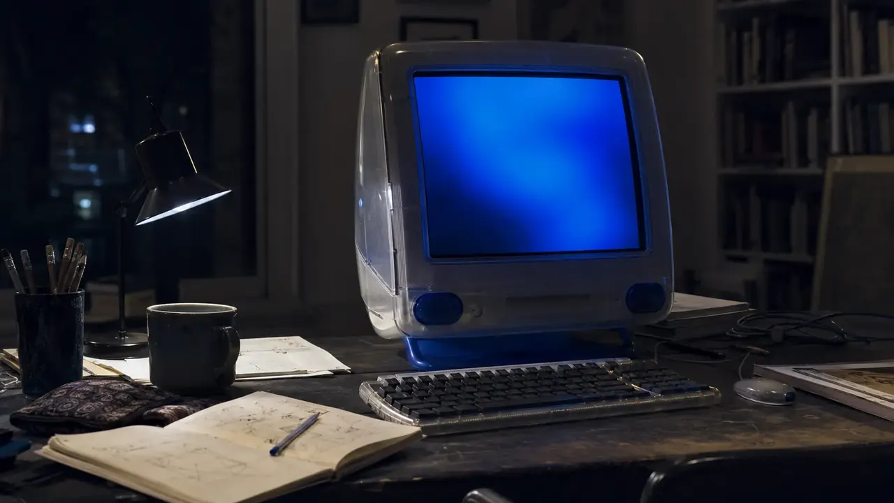 A translucent late-1990s desktop computer glowing in a lived-in workspace