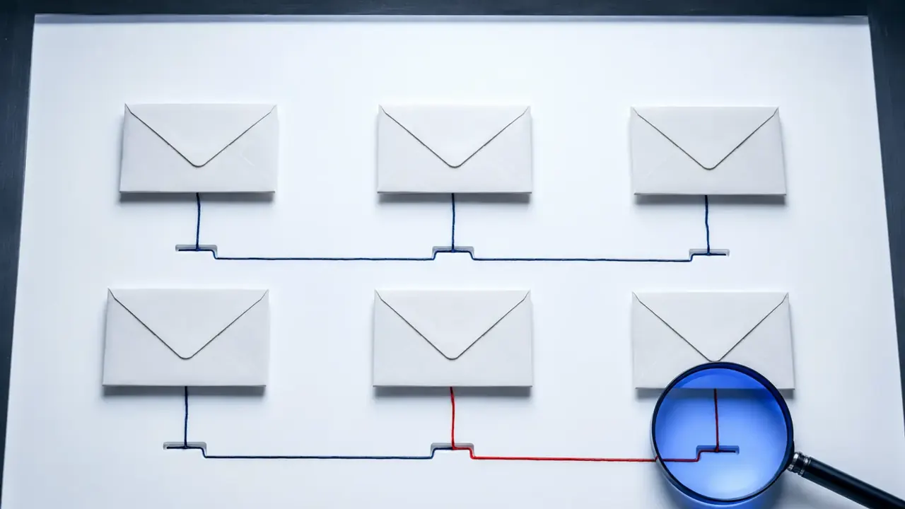 Six blank sealed envelopes sit beneath a blue magnifier, with one red route isolated for inspection.