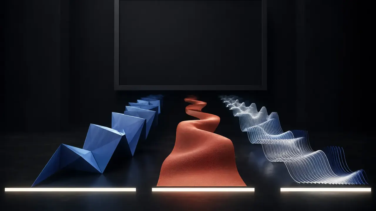 Three sculptural waveform forms become illuminated timing bands beneath an empty dark frame.